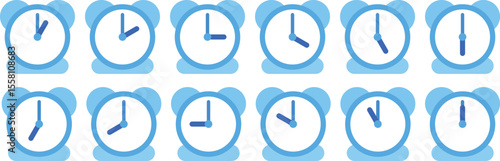 A set of flat-style clock illustrations showing full hours from 1 to 12. Perfect for use in time-related designs, schedules, daily routines, time management apps, education, or productivity visuals.