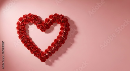 A Heart Shaped Arrangement of Red Roses on a Pink Background: A Romantic Valentine's Day Composition