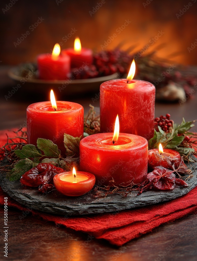 Red candles on a dark slate platter Red candles on a dark slate platter