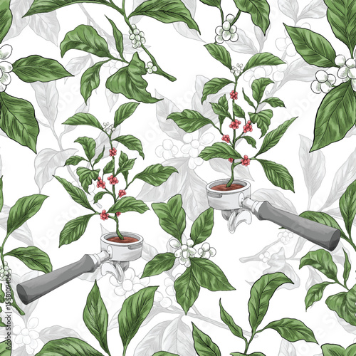 portafilter Coffee Plant Branches with Red Berries and Green Leaves pattern for fabric