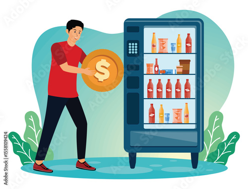 Vending machine concept. Man Using a Vending Machine to Purchase Snacks and Drinks.