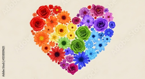 Rainbow Heart of Colorful Flowers: A Vibrant Floral Arrangement in the Shape of a Heart