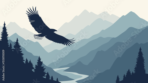 Silhouette of an eagle soaring over a mountain range with trees and a winding river in the valley landscape