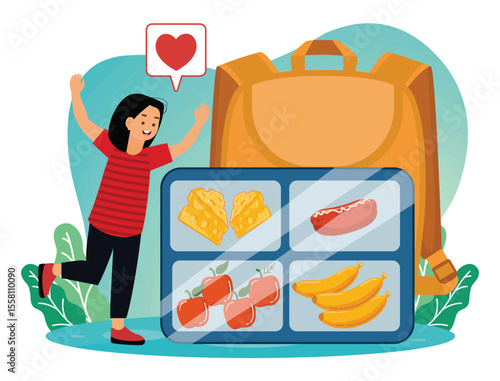 Kids lunch box concept. Child Enjoying a Healthy School Lunch with Backpack and Lunchbox Items.