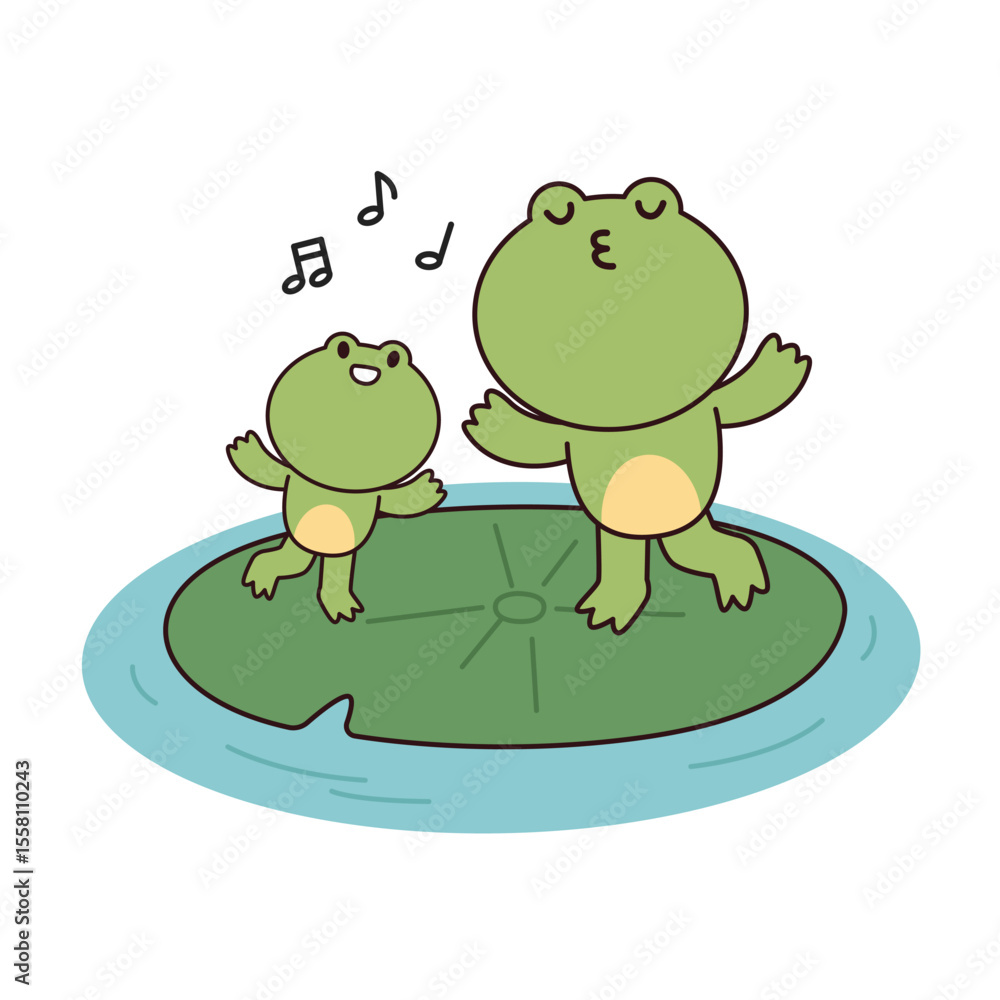 Naklejka premium frog family dancing and singing on lily pad in water. flat cartoon style vector illustration isolated on white background