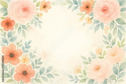 Vintage floral background with romantic pink roses, elegant frame, and decorative hearts for a wedding or Valentine's Day card design