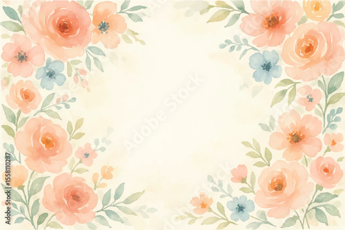 Vintage floral background with romantic pink roses, elegant frame, and decorative hearts for a wedding or Valentine's Day card design