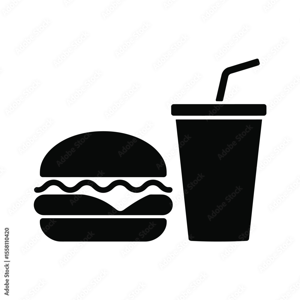Black Silhouette Icon of Fast Food Burger and Drink on White Background Black Silhouette Icon of Fast Food Burger and Drink on White Background
