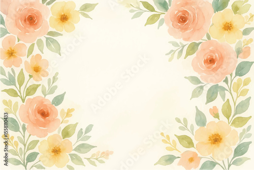 Vintage floral background with romantic pink roses, elegant frame, and decorative hearts for a wedding or Valentine's Day card design
