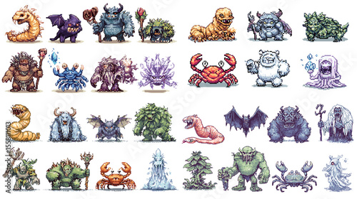 Charming pixel art monster characters in fantasy style featuring diverse creatures like crabs, plants, ghosts, and beasts—great for games, stickers, or NFT.

