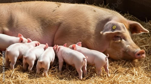 A light-brown sow nurses her piglets on a bed of hay