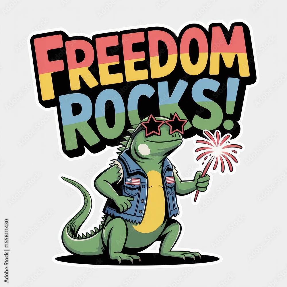 Fototapeta premium 4th July Celebration Illustration of a Cool Iguana Pet Standing on Two Legs in a Festive Environment