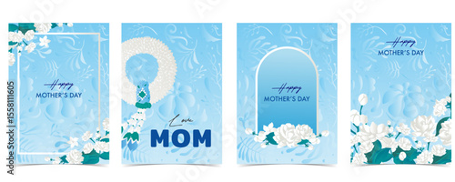 Set of mother’s day card with Jasmine flower oval and curve frame  for A4 vertical design