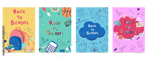 Back to school  on grid background with bag,calculator,ball for A4 vertical design