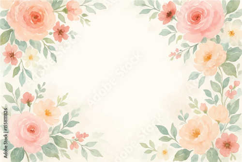 Vintage floral background with romantic pink roses, elegant frame, and decorative hearts for a wedding or Valentine's Day card design