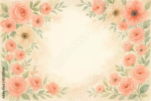 Vintage floral background with romantic pink roses, elegant frame, and decorative hearts for a wedding or Valentine's Day card design
