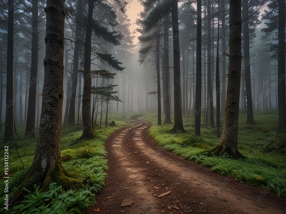 Fototapeta premium Winding Stone Trail Through Misty Forest Clearing at Sunset