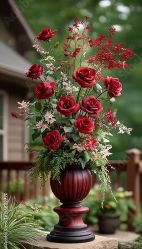 Red roses in decorative urn