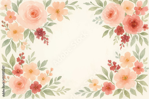Vintage floral background with romantic pink roses, elegant frame, and decorative hearts for a wedding or Valentine's Day card design