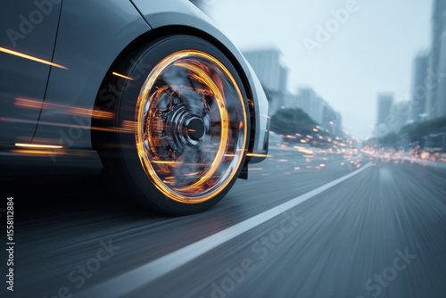 Wallpaper Mural Dynamic Close-Up of a Car Tire in Motion with Sparks and Blurred Cityscape in the Background, Representing Speed and Power Torontodigital.ca