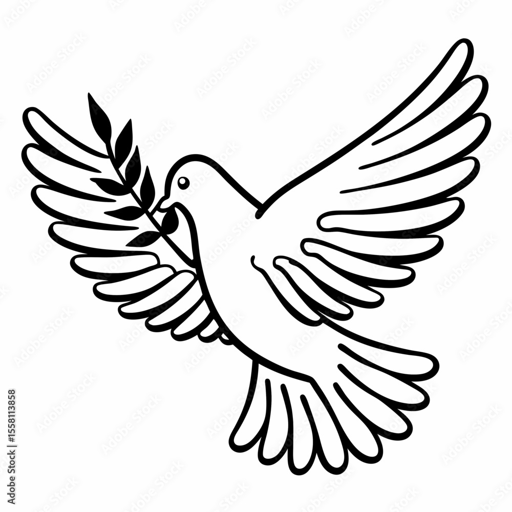 Fototapeta premium Simple elegant dove with olive branch symbolizing peace in flight on a white background illustration