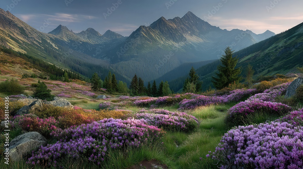 Blooming Rhododendrons Valley Mountain Majesty in Spring Light. Blooming Rhododendrons Valley Mountain Majesty in Spring Light.