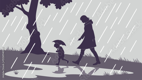 Silhouette of a mother and child walking in the rain under a tree near a puddle on a rainy day scene