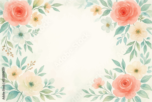 Vintage floral background with romantic pink roses, elegant frame, and decorative hearts for a wedding or Valentine's Day card design