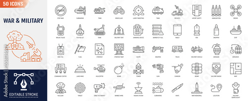 Military and War line editable icon set. Editable stroke. Vector illustration