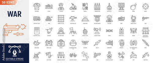 War line editable icon set. Containing army, military, battle, conflict and more. Editable stroke. Vector illustration