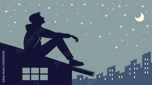 Silhouette of a person sitting on a rooftop under a starry night sky with a crescent moon in the distance