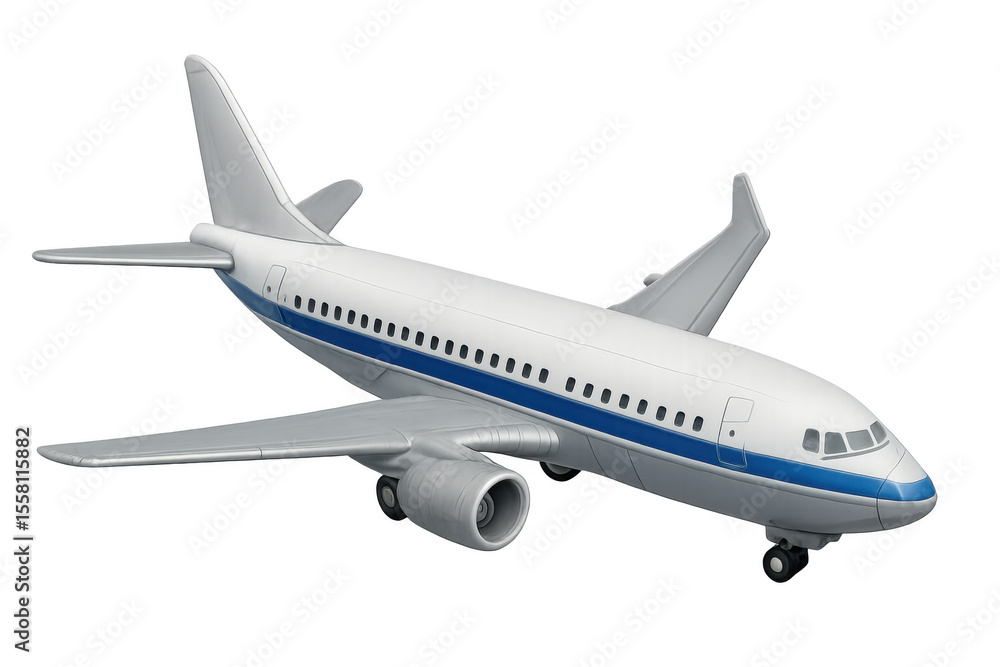 Fototapeta premium Sleek passenger jet cruising against transparent backdrop, showcasing white and blue livery