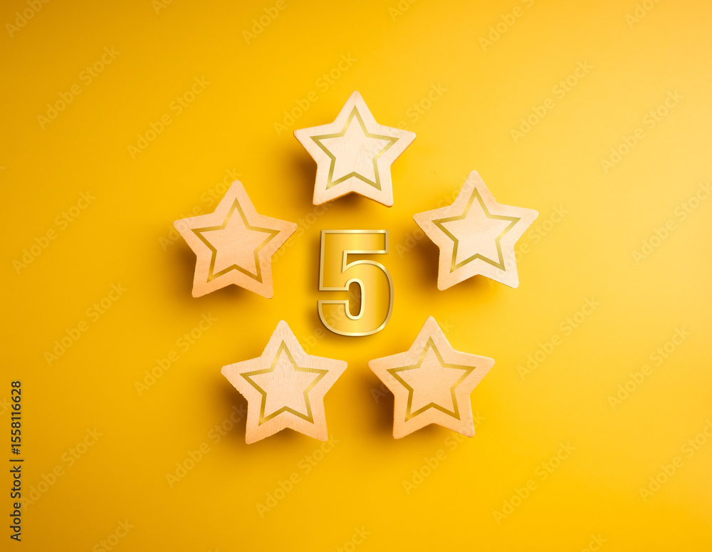 Obraz premium Shiny golden number five icon surround with 5 wooden stars ratings, yellow background. Five stars Excellence quality, satisfaction, customer evaluation, successful mission business marketing concept.