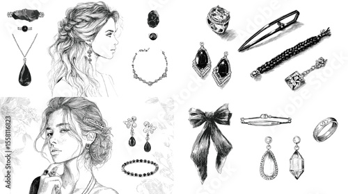 Stylish hand-drawn fashion portrait with elegant jewelry items, hair accessories, and female elements in black and white pencil sketch style.

