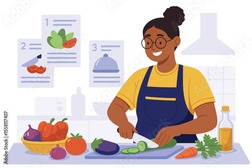 Smiling Woman Preparing Vegetables in Modern Kitchen – Flat Vector Cooking Illustration with Recipe Cards and Fresh Ingredients
