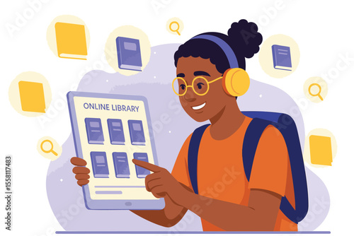 Student Browsing Online Library on Tablet with Floating Books – Flat Vector Illustration