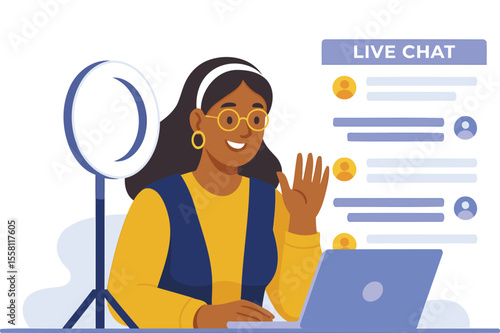 Woman Hosting Live Chat Webinar at Desk with Laptop and Ring Light – Modern Flat Vector Illustration