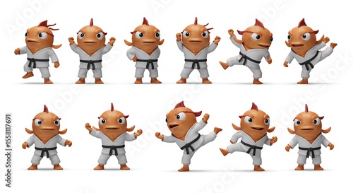 Cartoon fish karate pose illustrations