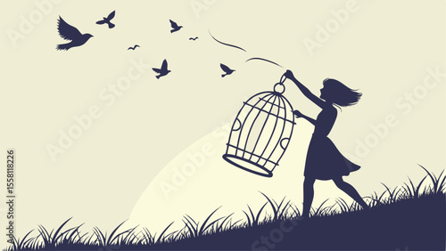 Silhouette of a woman releasing birds from a cage into the sky on a grassy hill landscape view