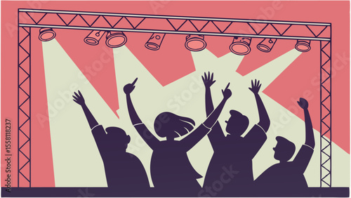 Silhouette of people cheering under stage lights with a pink background and support structure above them