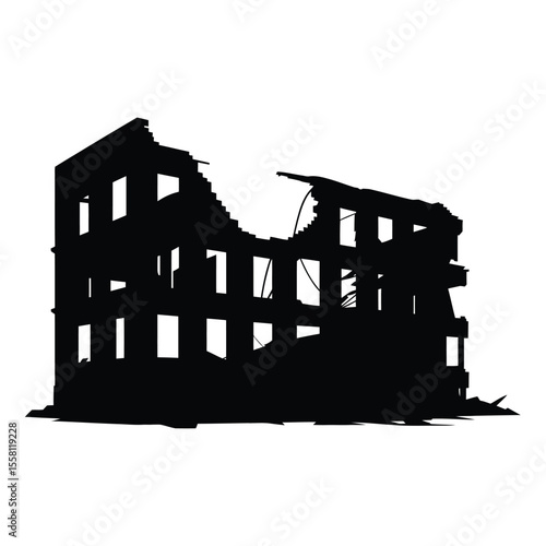 Silhouette of a Collapsed and Destroyed Building on a White Background