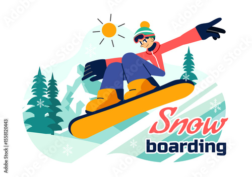 Snowboarding Vector Illustration Featuring People Sliding and Jumping on a Snowy Mountain Slope During Winter in a Flat Style Cartoon Background