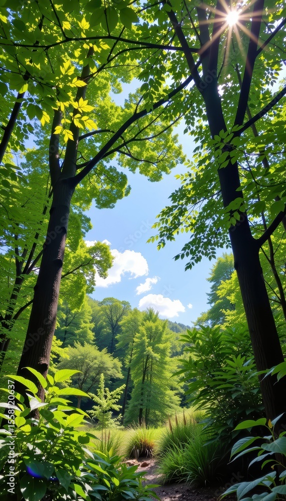 Fototapeta premium Sunlight filters through lush green trees in a vibrant forest scene on a clear, bright day with a blue sky and scattered clouds.