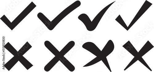 Assorted Black Check Marks and X Marks Displayed on White Background Representing Correct and Incorrect Selections in Varied Styles