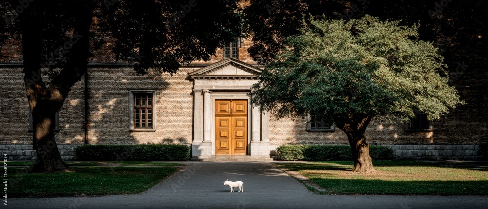 Obraz premium White Piglet near Historic Brick Building Cinematic Lighting Latvia