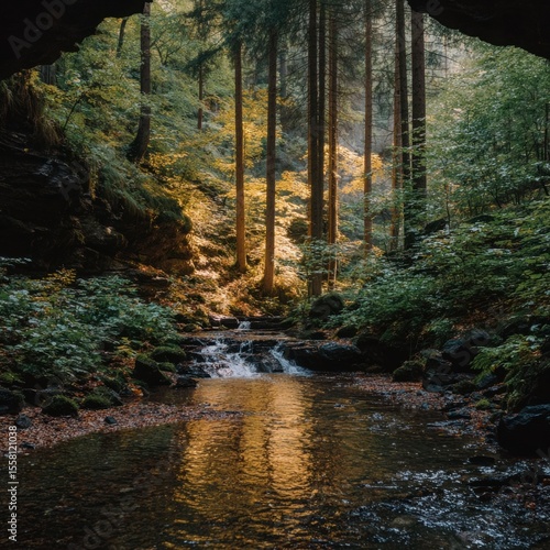Autumnal Forest Stream  Sunlit Waterfall  Nature Scene  Tranquil Woods