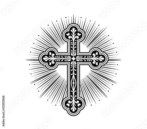 Ornate Christian Cross. Church, Faith in God, Christianity religion symbol. Illustration in vintage engraving style