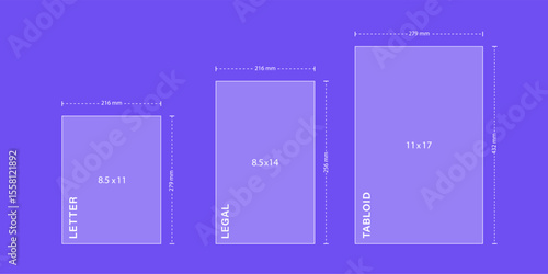 Legal Yellow Paper size. Notebook sheet formats. Tabloid and letter page. Comparison of papers isolated on white background. Vector illustration in flat style.