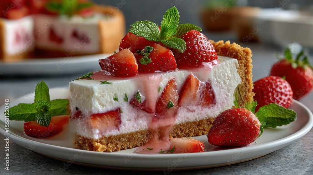 Strawberry cheesecake slice, fresh and vibrant Strawberry cheesecake slice, fresh and vibrant