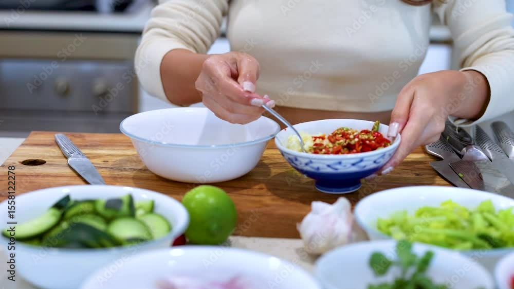 Preparing a Fresh Chili Garlic Dish in Kitchen Preparing a Fresh Chili Garlic Dish in Kitchen